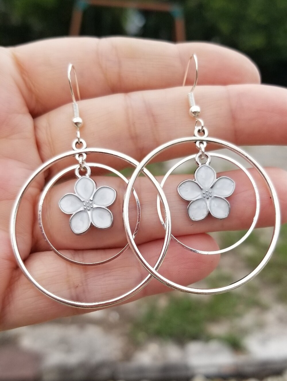 Silver Double Hoop Floral Dangle Earrings, White Flower Dangle Earrings